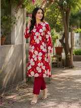 Magenta White Floral Printed Lawn 2 Piece Unstitched Suit
