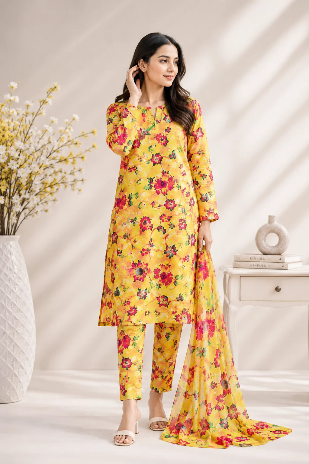 Sunshine Bloom Yellow Floral Printed Lawn 3 Piece Unstitched Suit