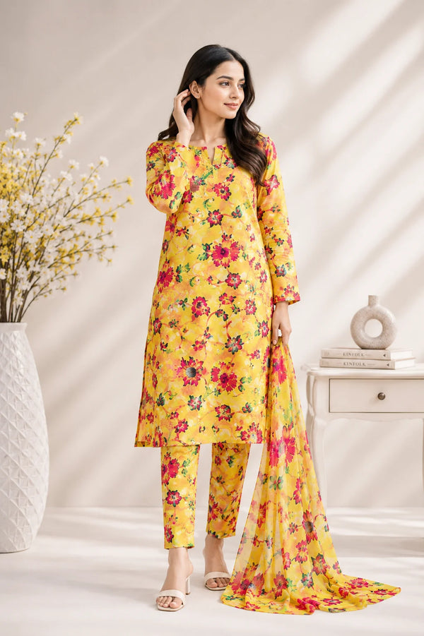 Sunshine Bloom Yellow Floral Printed Lawn 3 Piece Unstitched Suit