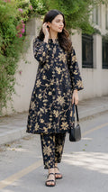 Noir Blossom Black & Gold Floral Lawn 2 Piece Unstitched Suit