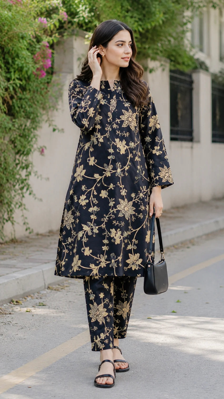 Noir Blossom Black & Gold Floral Lawn 2 Piece Unstitched Suit