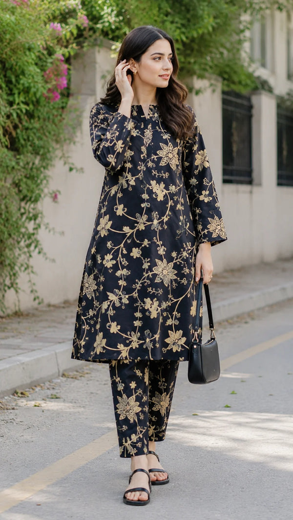 Noir Blossom Black & Gold Floral Lawn 2 Piece Unstitched Suit