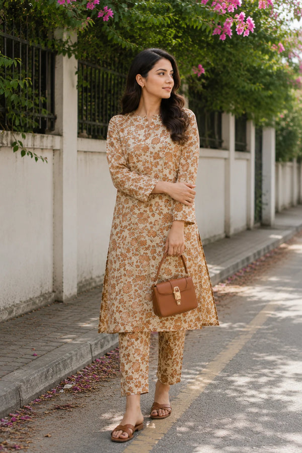 Caramel Bloom Floral Printed Lawn 2 Piece Unstitched Suit