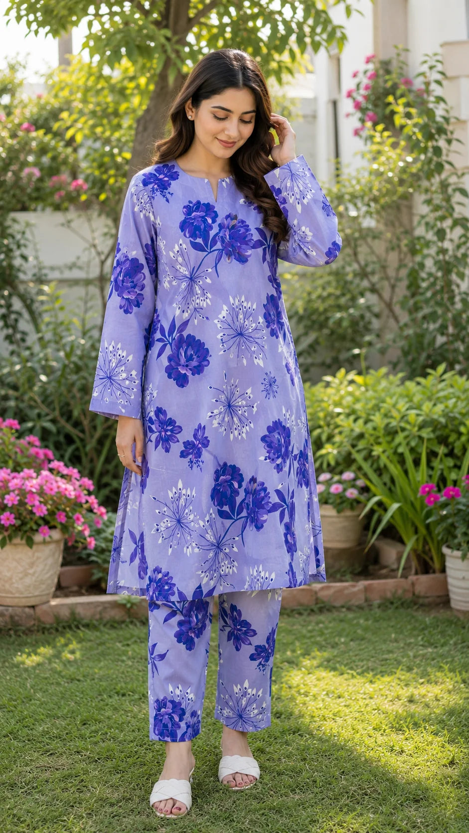 Lilac Purple Floral Printed Lawn 2 Piece Unstitched Suit