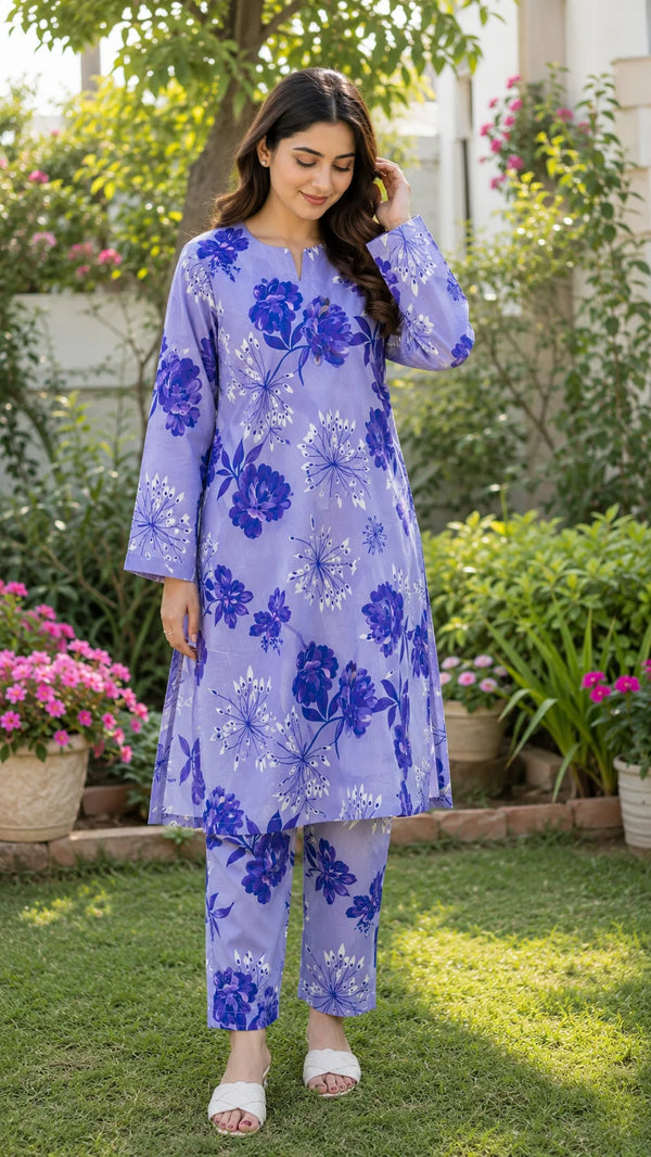 Lilac Purple Floral Printed Lawn 2 Piece Unstitched Suit