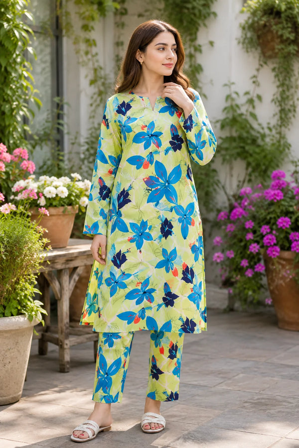 Lime Green Floral Printed Lawn 2 Piece Unstitched Suit