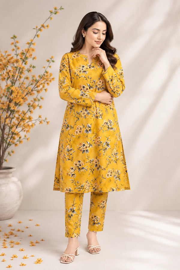 Mustard Yellow Floral Printed Lawn 2 Piece Unstitched Suit