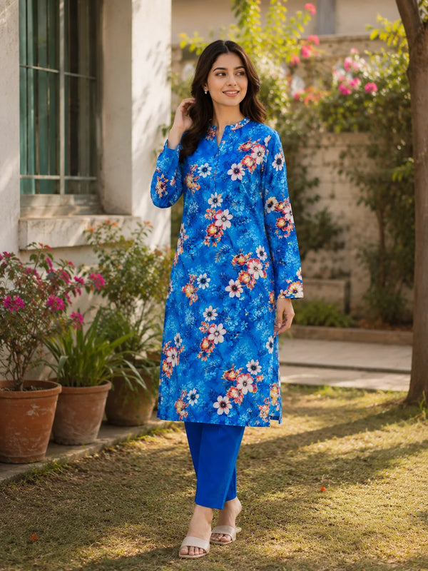 Royal Blue Floral Printed Lawn 2 Piece Unstitched Suit