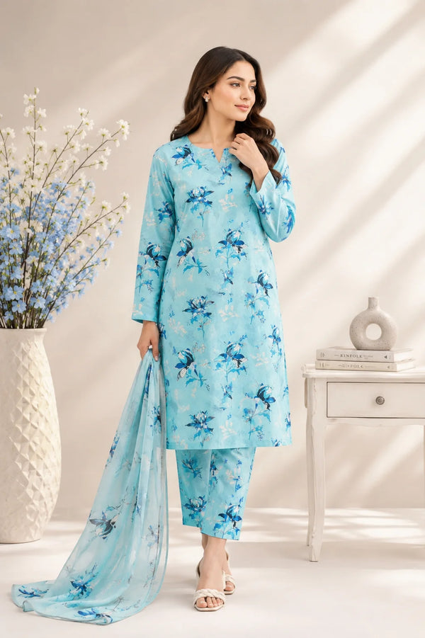 Sky Blue Floral Printed Lawn 2 Piece Unstitched Suit