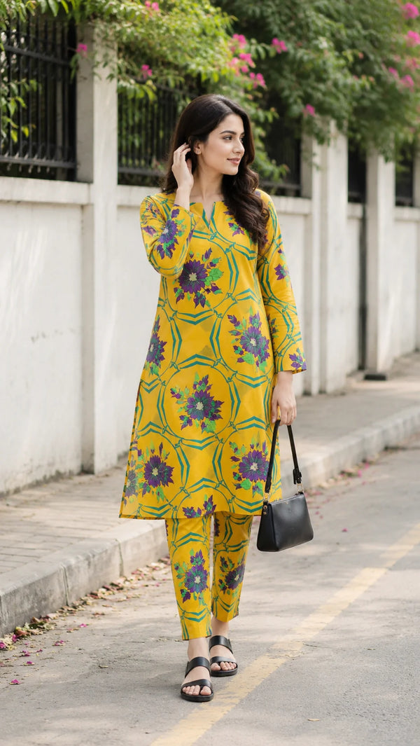 Sunlit Bloom Yellow Floral Printed Lawn 2 Piece Unstitched Suit