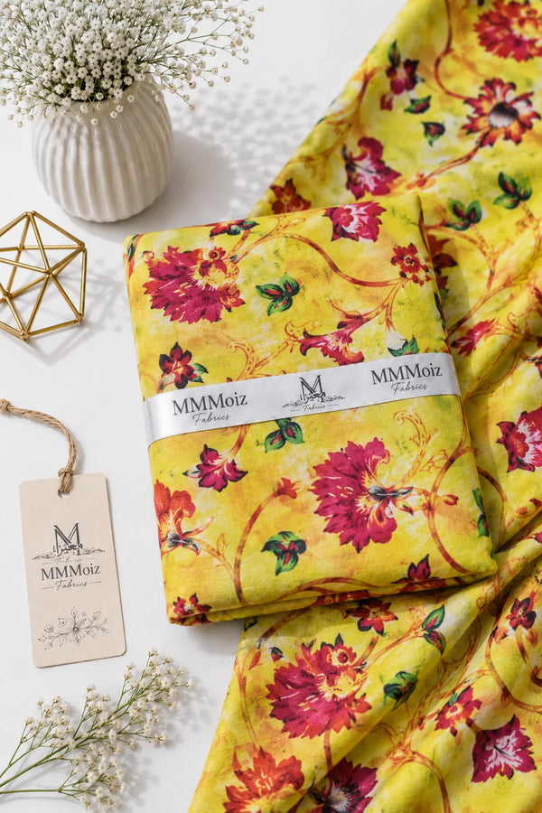 Sunshine Bloom Yellow Floral Printed Lawn 3 Piece Unstitched Suit